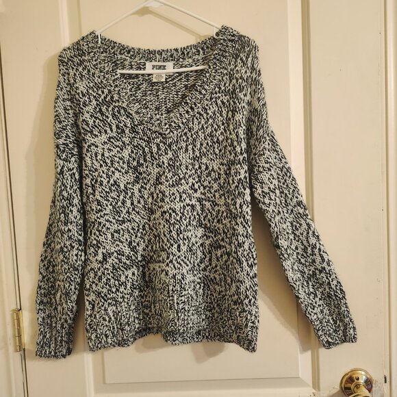 Victoria Secret PINK Black White Marled Knit V-Neck Sweater Y2K Boyfriend Sz M - Picture 5 of 6